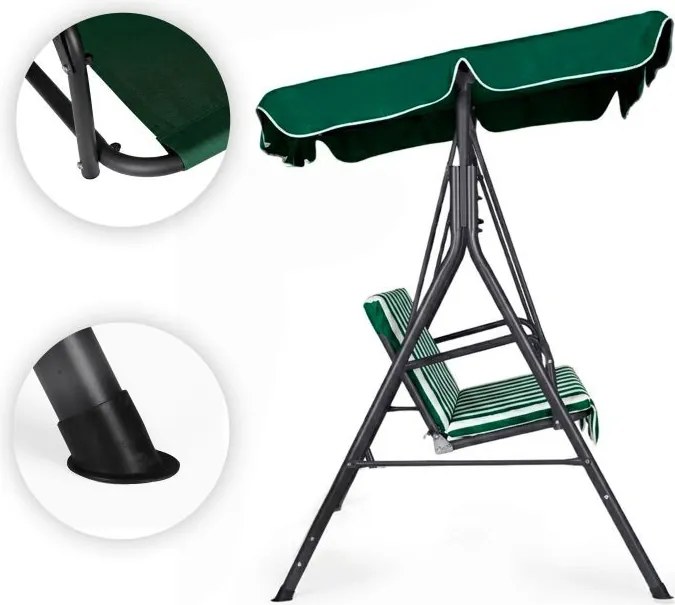 Huśtawka ogrodowa Cozy z regulowanym daszkiem, zielona w paski