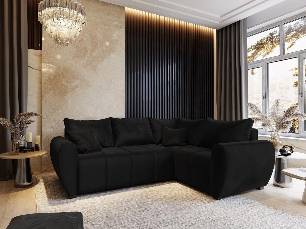 Masseno Narożnik MADISON z funkcją spania i pojemnikiem na pościel Narozniki L, Rozkładana sofa - Czarny, KRONOS 07