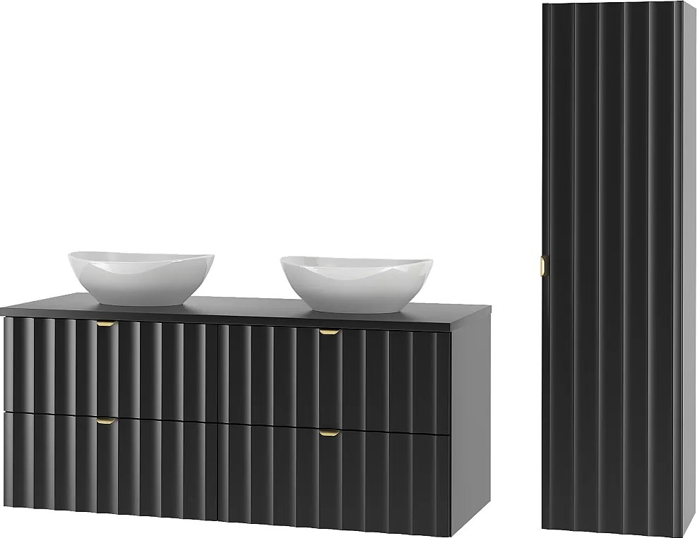 Czarny Zestaw Łazienkowy 120cm Szafka z Blatem Umywalka Słupek Ryflowane Fronty Arcos