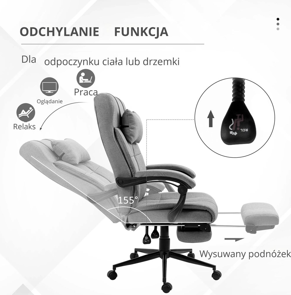 Vinsetto Fotel biurowy z podnóżkiem szary ergonomiczny regulowany 66x70x124 cm | Aosom PL