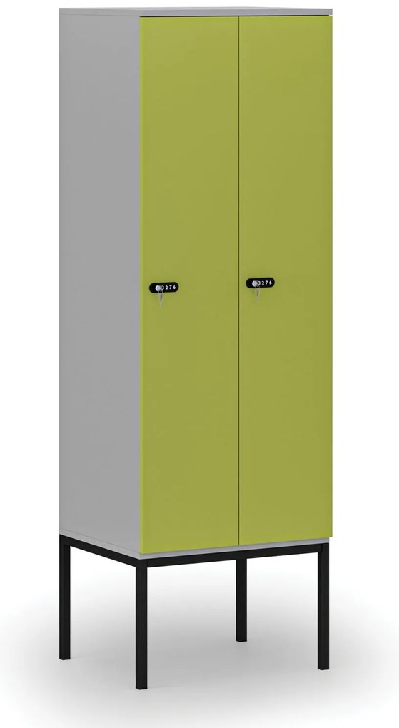 Drewniana szafa ubraniowa S4 z podstawą, 2-drzwiowa, 1871 x 600 x 500 mm, demontaż, zamek mechaniczny z kodem, szary/zielony
