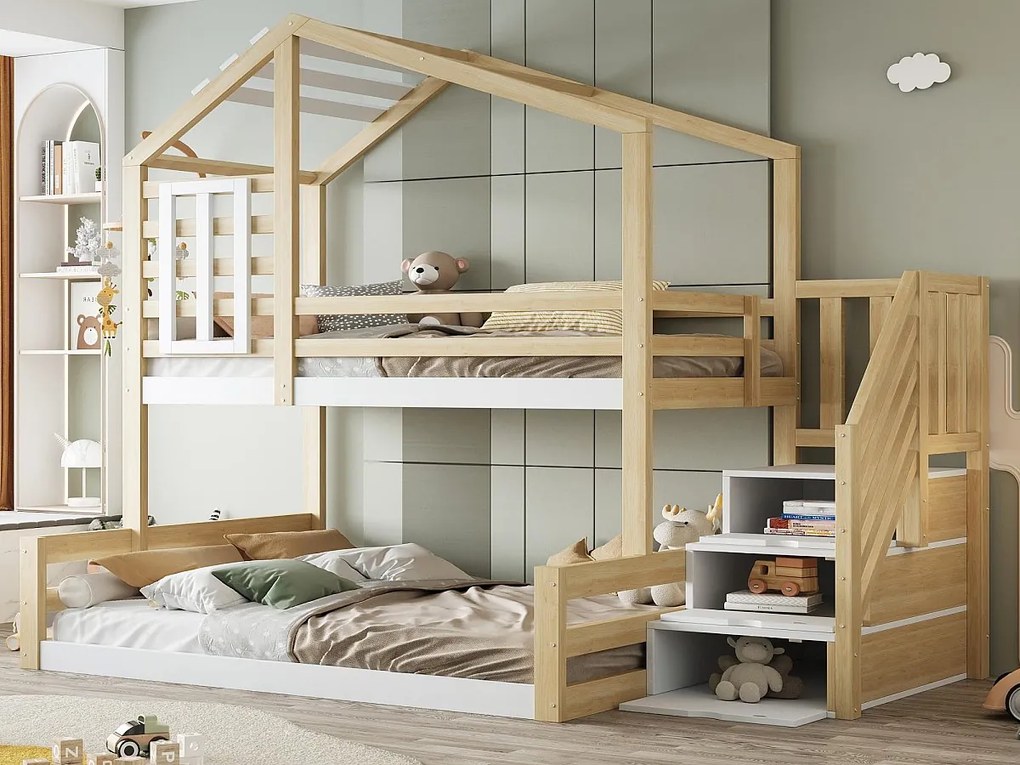 Łóżko piętrowe 90x200cm + 140x200cm z litego drewna - z barierkami i schodami do przechowywania - Białe i Naturalne