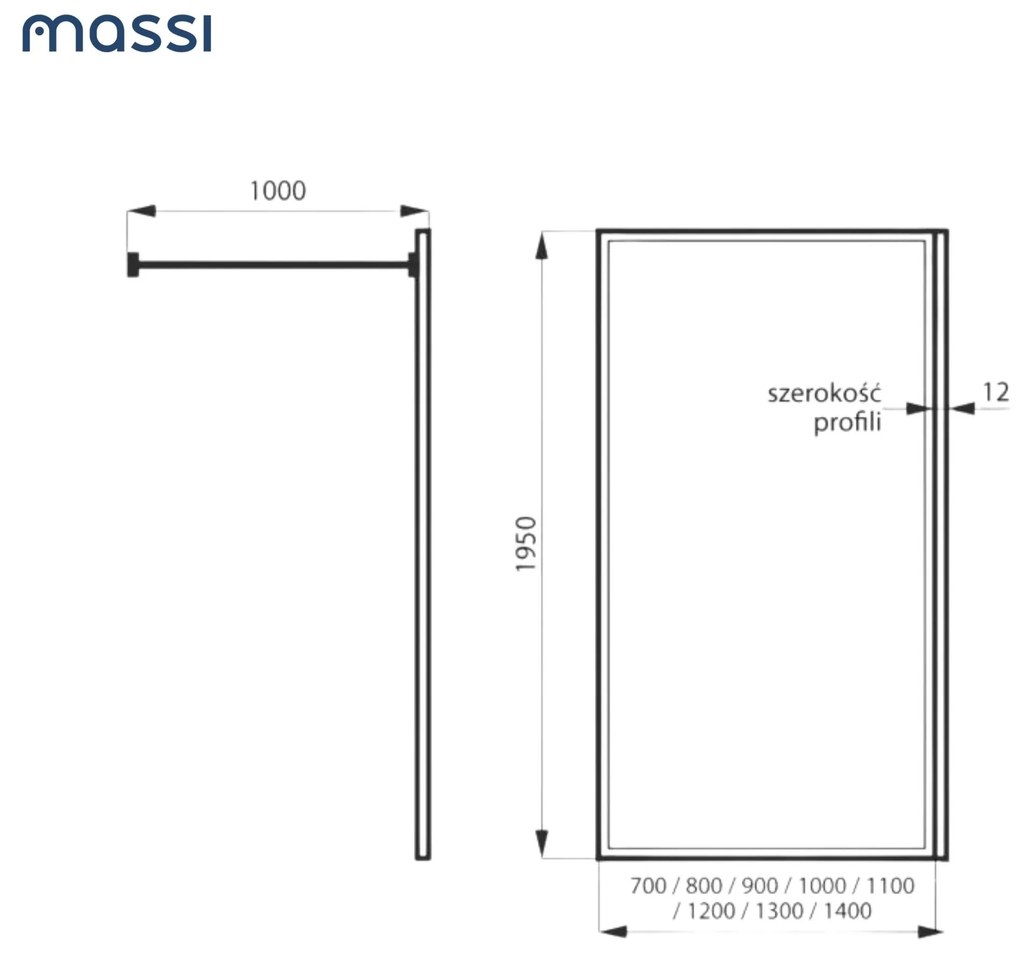 Massi Ścianka prysznicowa WALK IN FIX grafitowa prostokątna ryflowana 8 mm ARTE WELLE Classic Grafit| różne rozmiary : Kolor profili kabiny - złoty, Szerokość ścianki - 90 cm , Typ montażu - WALK in FIX (Do ściany)