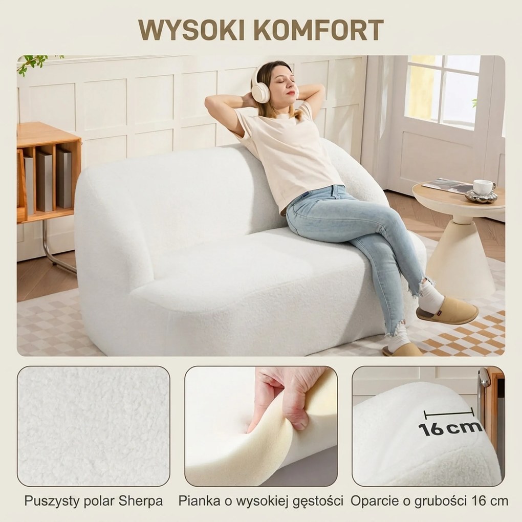 HOMCOM Sofa 2-osobowa, zaokrąglony design, kanapa z pokryciem fleece, do salonu, sypialni, biura, Kremowy