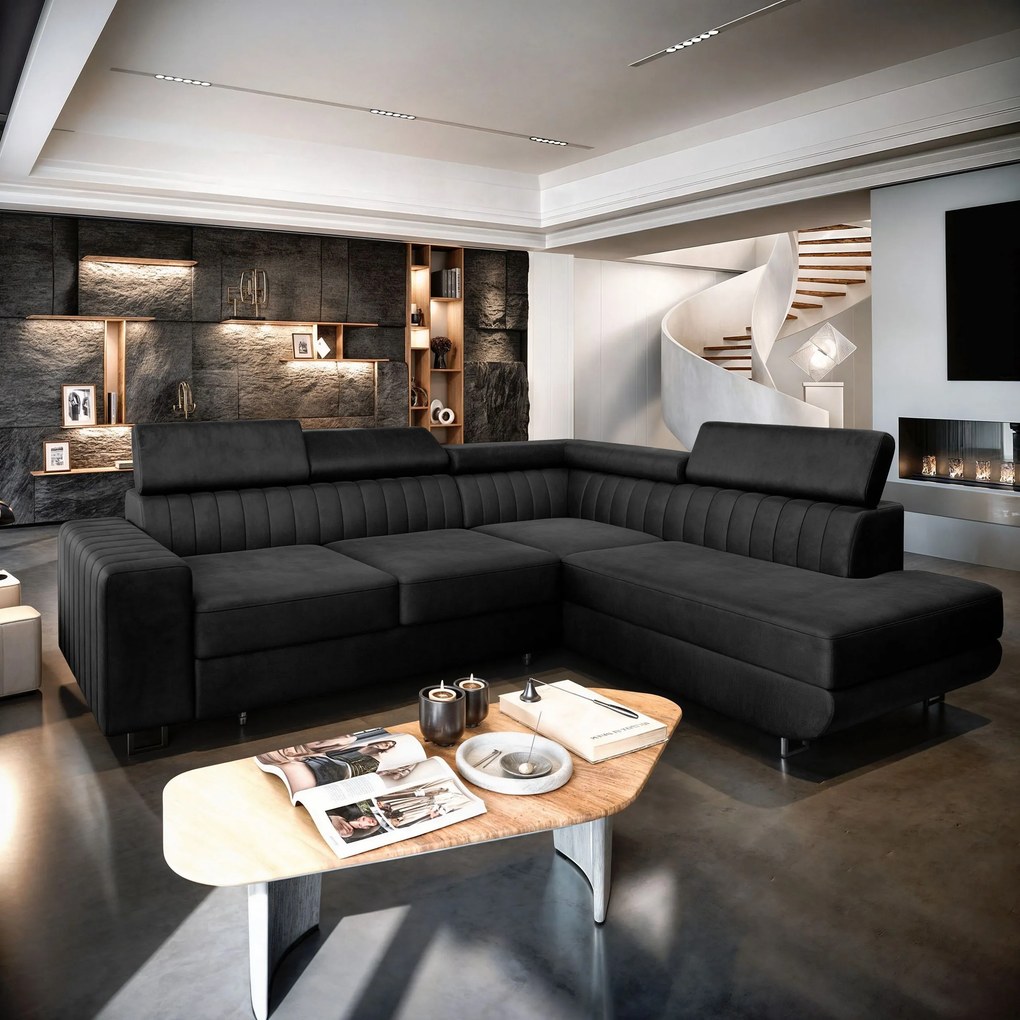 Masseno Narożnik NOLA z funkcją spania i pojemnikiem na pościel Narozniki L, Rozkładana sofa - Czarny, MONOLITH 95