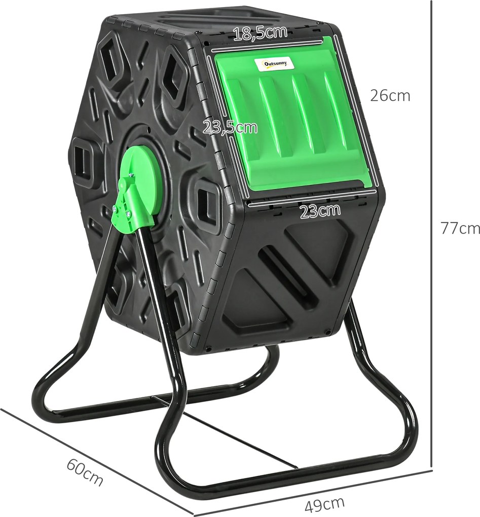 Outsunny Kompostownik, 65 litrów, obrotowy, kompaktowy, z 48 otworami wentylacyjnymi, stal, plastik, Zielony+Czarny