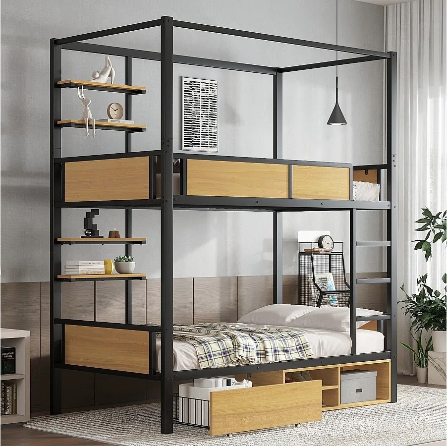 Łóżko piętrowe dla dzieci z żelaza - 2 x 90 x 200 cm - podwójna półka + 1 szuflada + schowek pod łóżkiem - metal - czarny + naturalny