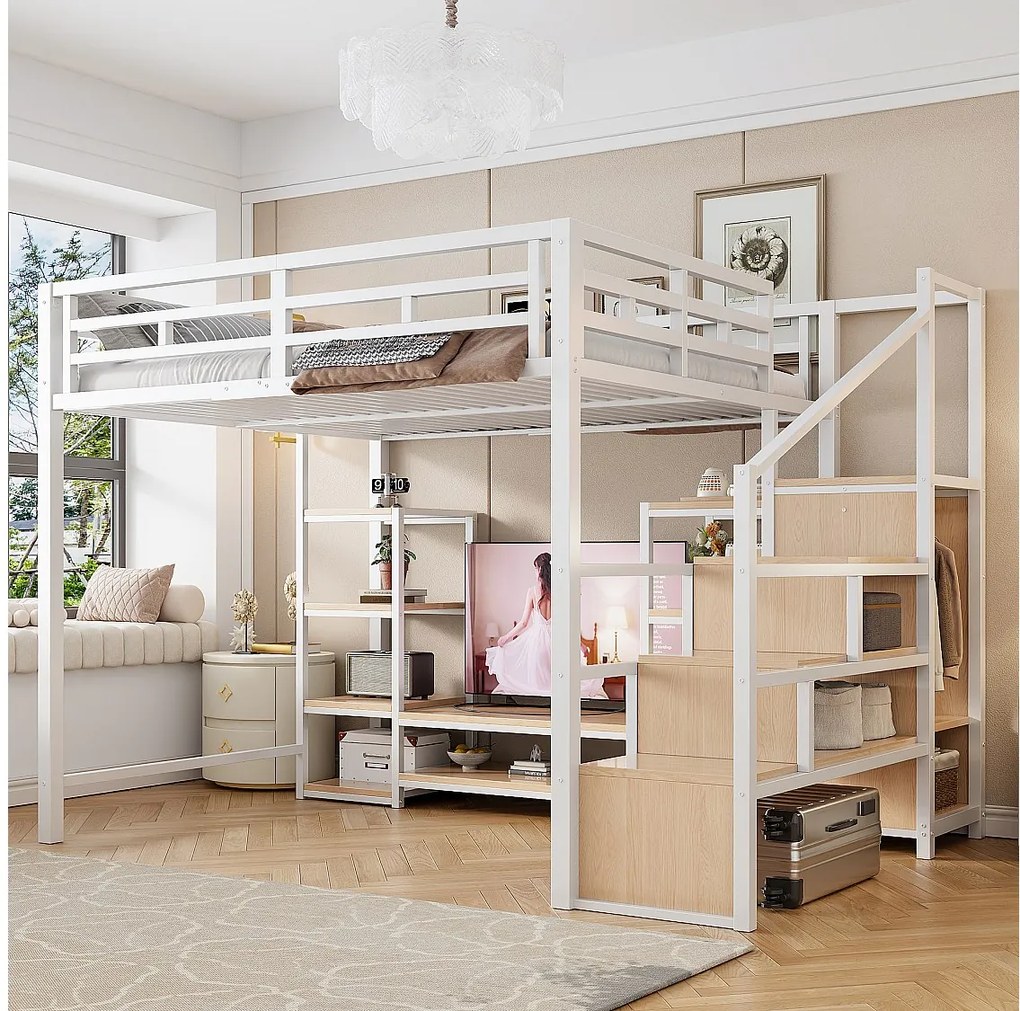 Łóżko piętrowe dla dzieci - 140 x 200 cm - ze szafką RTV + gniazdkiem elektrycznym + drabinką bezpieczeństwa + półką - metalowe - białe