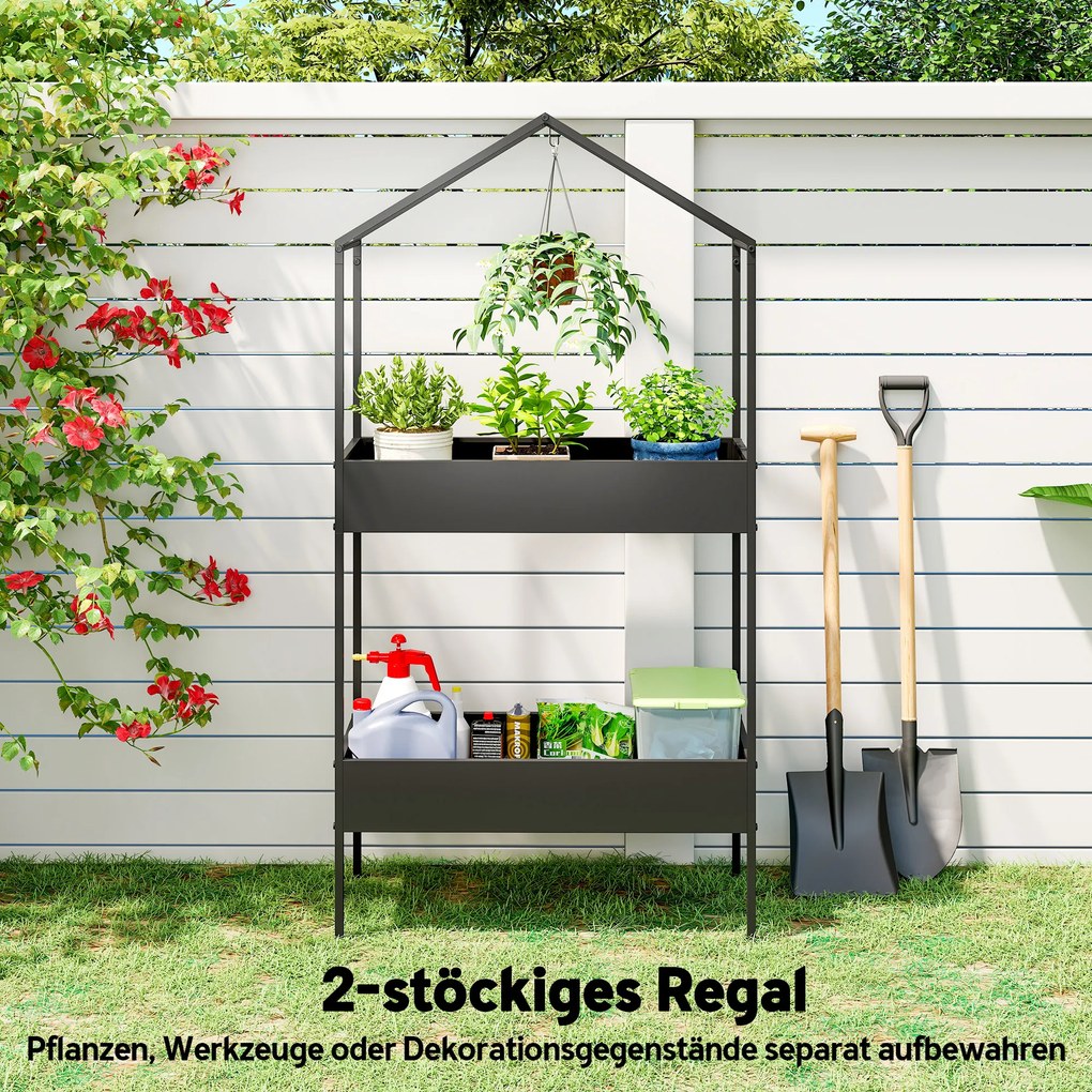 Outsunny 2-poziomowy stojak na rośliny w kształcie domu, 150 cm wys., stojak z haczykiem, metal, Czarny | Aosom PL