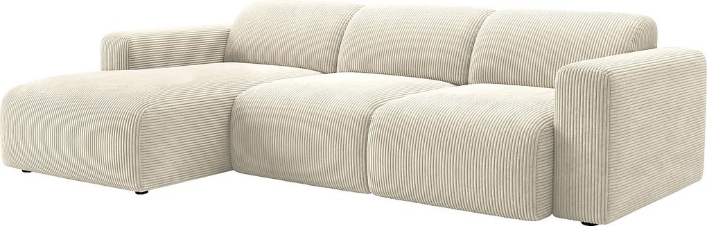Kanapa narożna duża lewostronna z elektrycznym wysuwanym siedziskiem z prążkowanego beżowego weluru POGNI marki Maison Céphy
