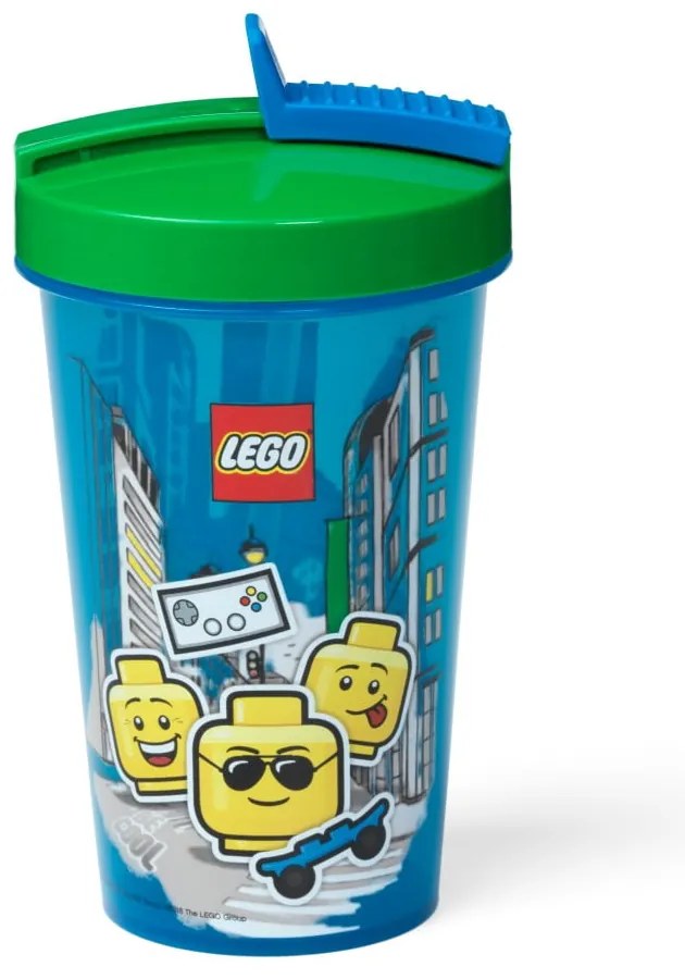 Niebieski kubek podróżny z zielonym wieczkiem i słomką LEGO® Iconic, 500 ml