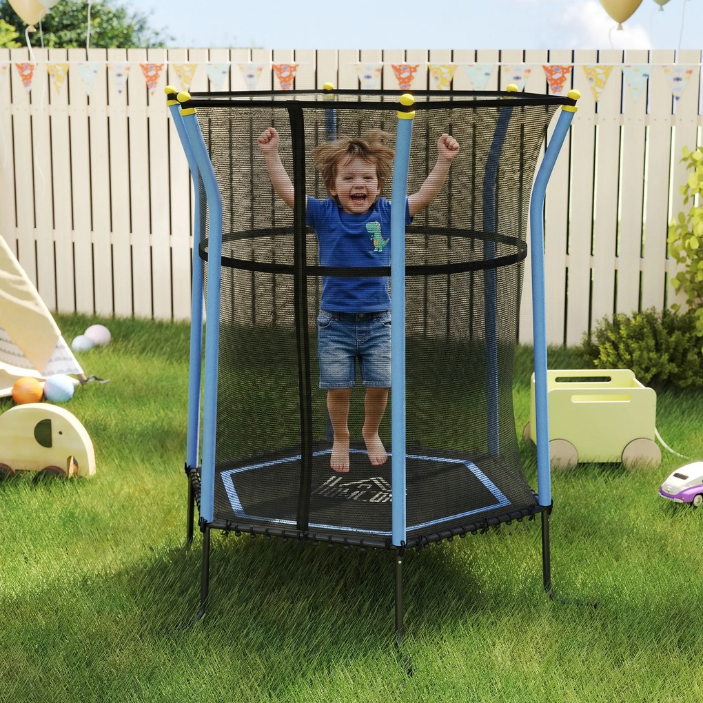 HOMCOM Trampolina dla dzieci, Ø163,5 cm, z siatką bezpieczeństwa, obicie, stal, do 50 kg, Czarny & Niebieski