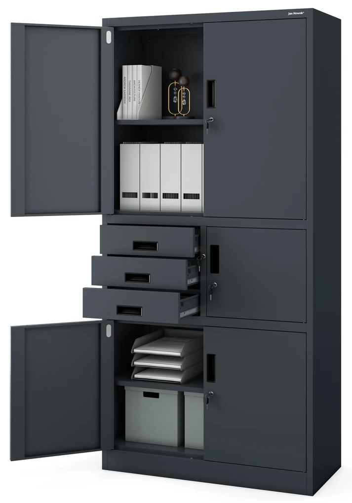 Biurowa szafa metalowa z sejfem na akta i dokumenty FILIP II, 900 x 1850 x 400 mm, antracytowa