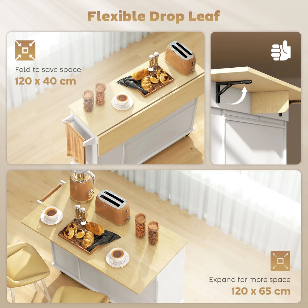 HOMCOM Mobilna wyspa kuchenna, rozszerzalny blat, drzwi szafki, szuflady, uchwyt na ręcznik, wózek kuchenny z MDF, biały | Aosom PL