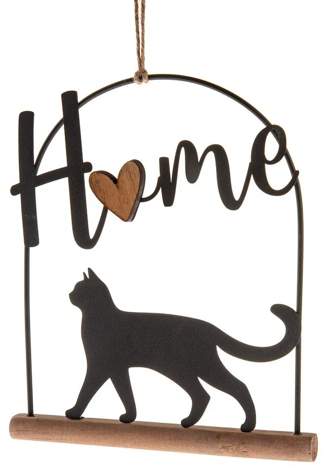 Metalowa zawieszka dekoracyjna na drewnianej podstawie Kot, 16 x 18 cm