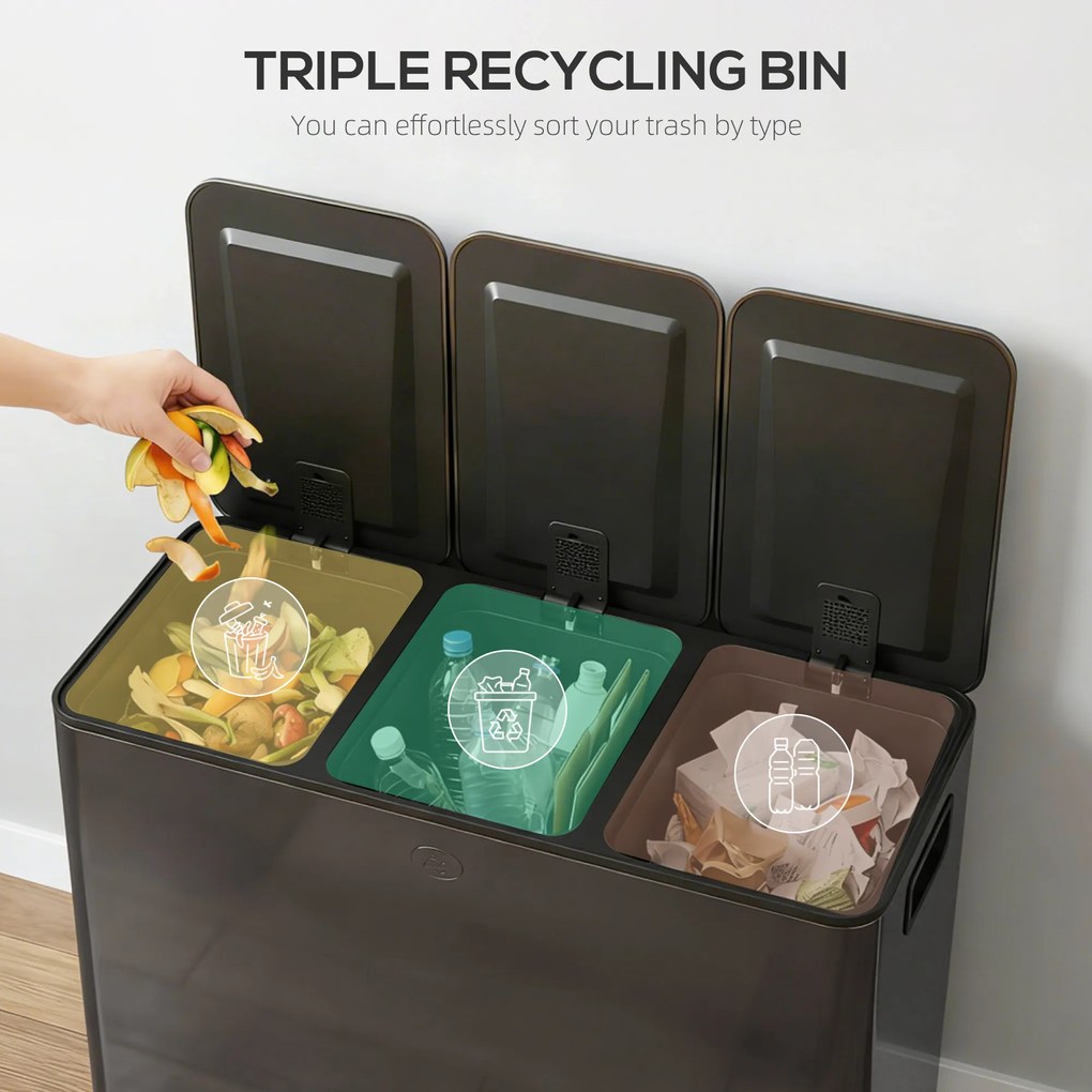 HOMCOM Kosz na śmieci z 3 x 20 L komorami, pokrywami dezodorantowymi, odporny na odciski palców, soft-close, wyjmowany, czarny