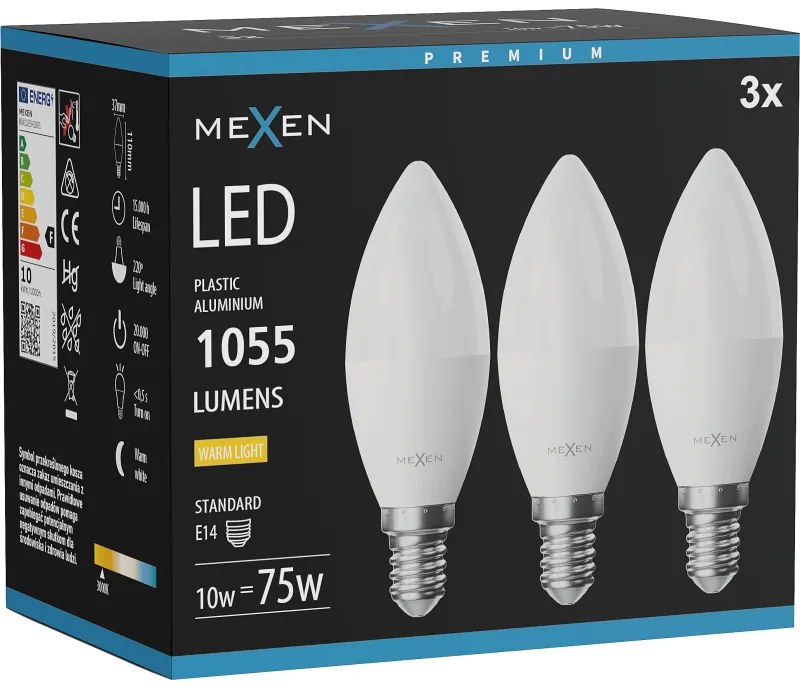 Mexen Nova 3x żarówka LED E14, C37, 10W, Ciepła - 3000K, 1055 lm - L102-E14-1030-01x03