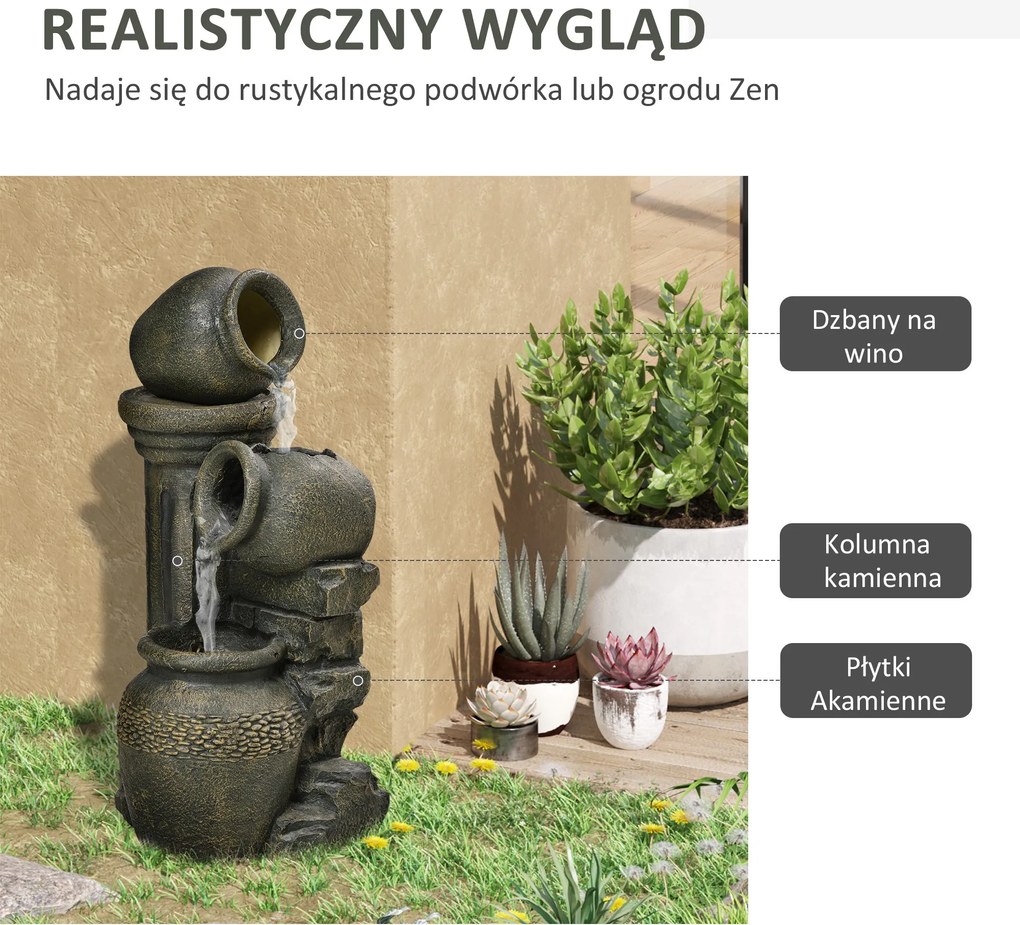 Outsunny Fontanna z Regulowaną Pompą, Odporna na Warunki Pogodowe, 25 cm x 24 cm x 60 cm, Szary