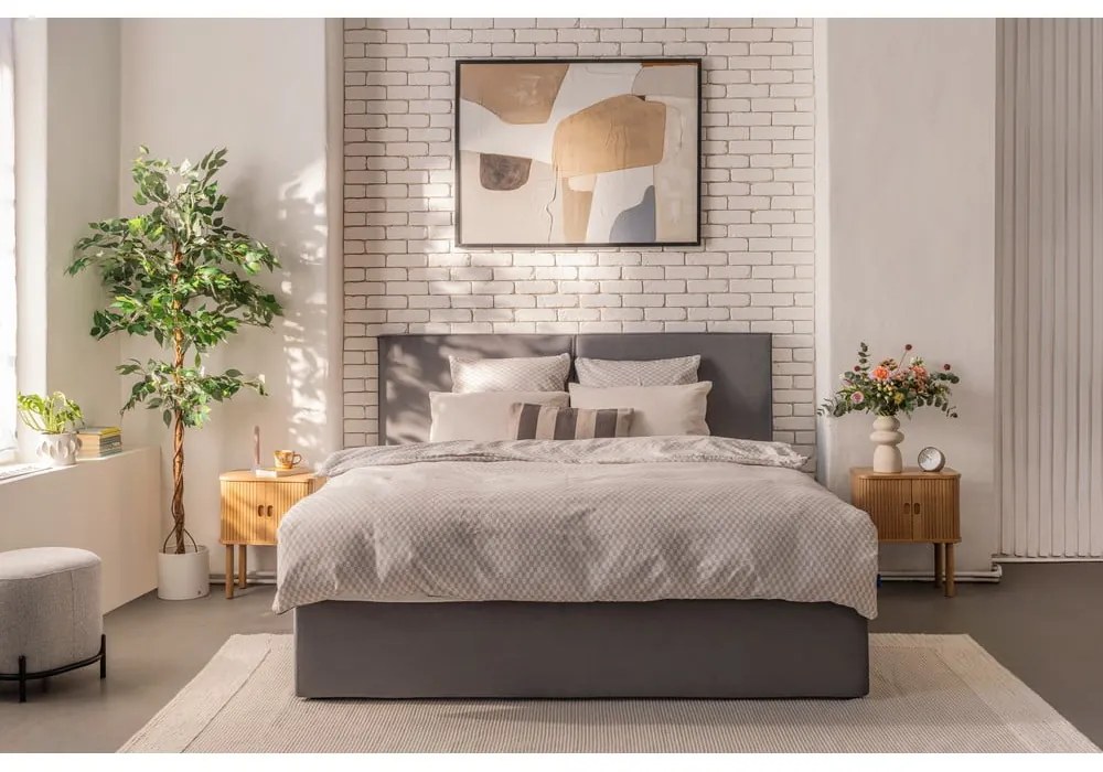 Szare tapicerowane łóżko dwuosobowe ze schowkiem z materacem i stelażem 160x200 cm Thessa Bold – Bonami Selection