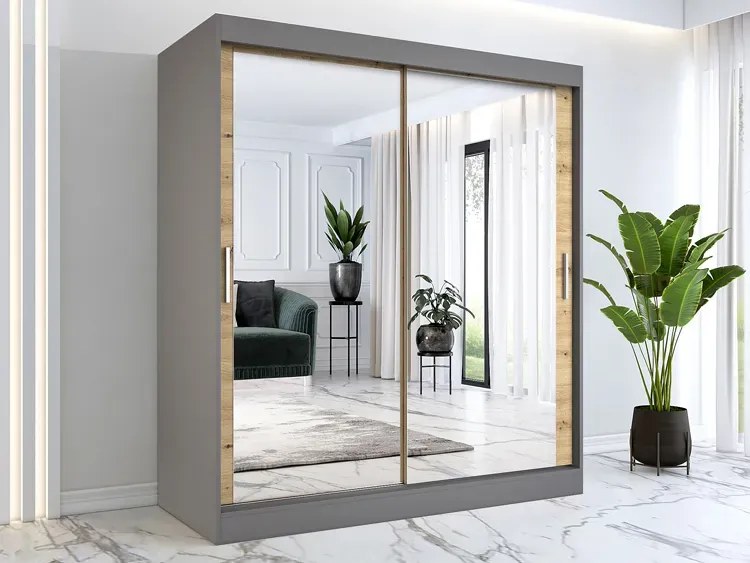 Szafa przesuwna z lustrem 180 cm antracyt + dąb artisan G3-T44