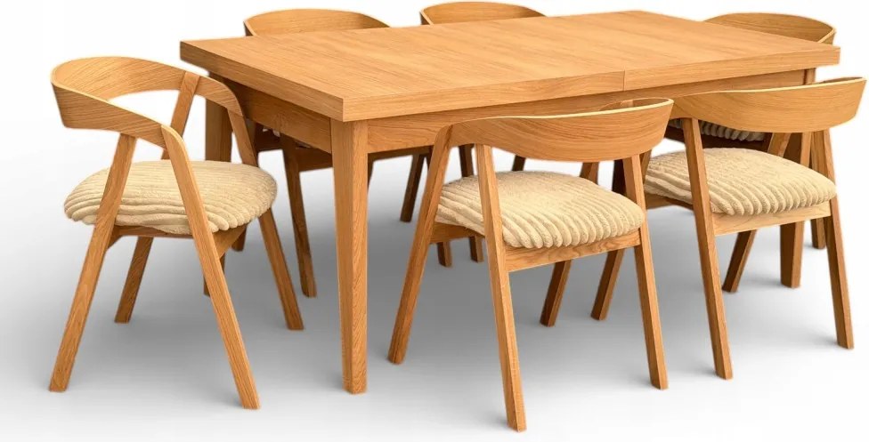 Zestaw Stół FORNIR noga V 90x180/220 cm + 6 dębowe krzesła sztaplowane