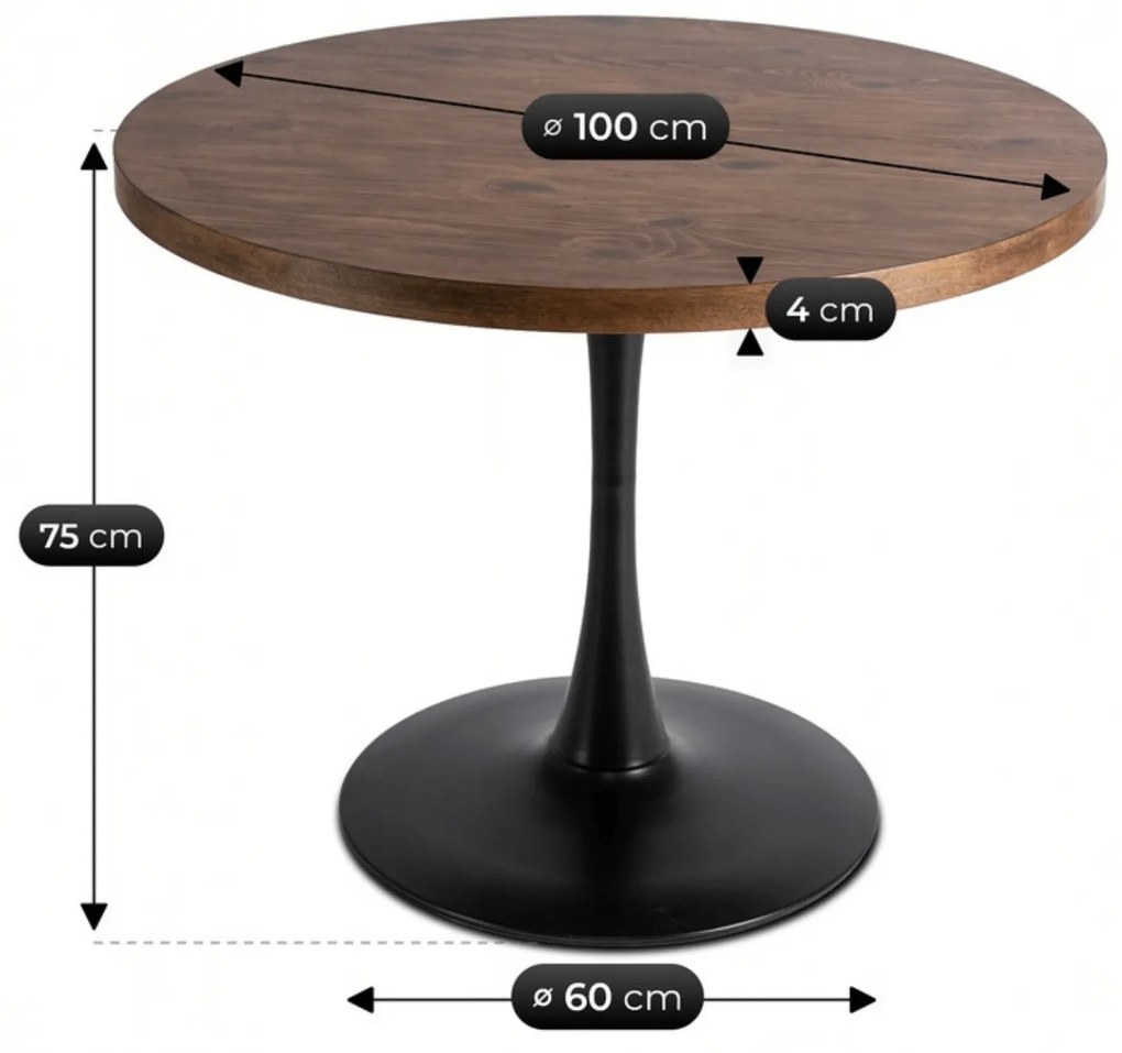 Zestaw Stół Okrągły LINO 100 cm Dąb Rustykalny/Czarny i 4 Krzesła DALVIN Czarne Ekoskóra Nowoczesne Loft