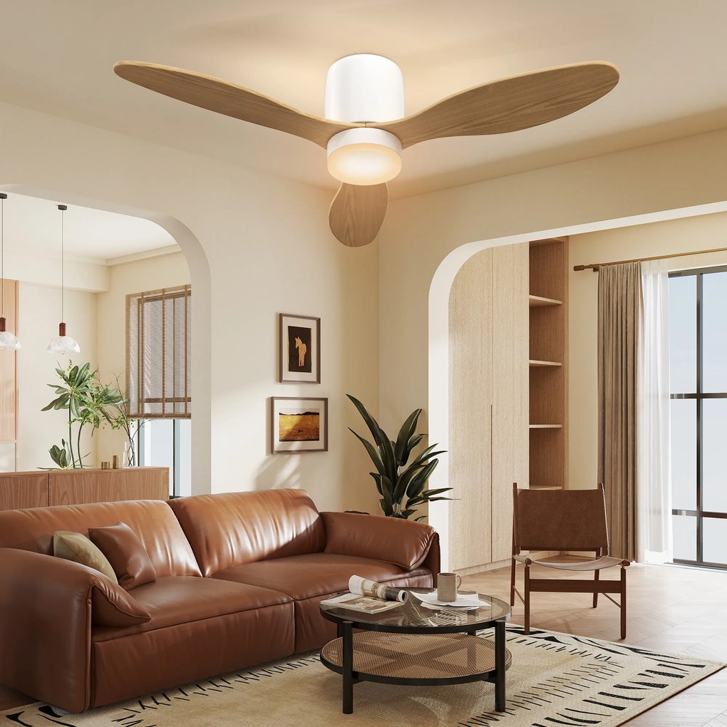 HOMCOM Wentylator sufitowy z regulowanym światłem i pilotem 115 cm, 3 kolory, 3 łopaty, 6 prędkości, timer, naturalny