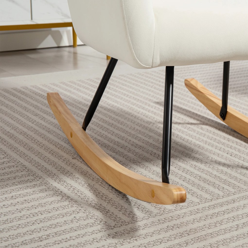 HOMCOM Fotel bujany, miękka tapicerka w wyglądzie aksamitu, gruba poduszka, szerokie oparcie, kremowobiały