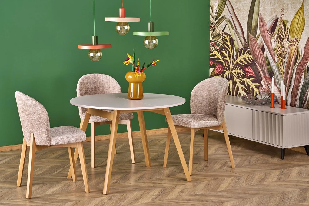 Stół okrągły rozkładany do jadalni płyta kaszmir/naturalny 102-142/102/73 cm RUBEN