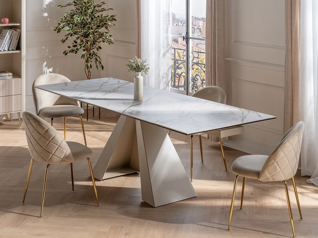 Rozkładany stół jadalniany 6-10-osobowy z ceramiki i metalu – imitacja marmuru biały i beżowy – LOZIPA marki Pascal Morabito