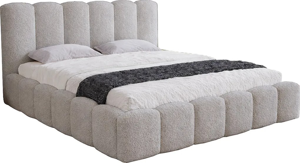 Łóżko dwuosobowe 140x200 Florent - łóżko z pojemnikiem i stelażem drewnianym - boucle, jasny szary (Lambi 11)