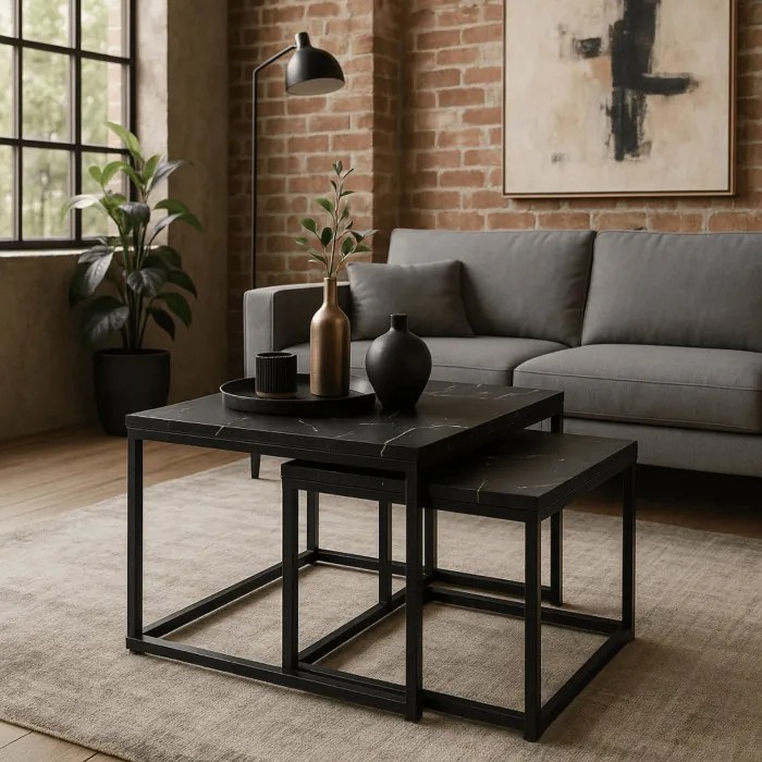 Zestaw Stolików Kawowych JUNO Czarny Marmur/Czarny do Salonu Glamour Nowoczesny