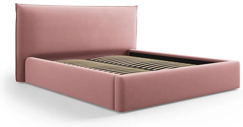 Różowe tapicerowane łóżko dwuosobowe ze schowkiem i stelażem 140x200 cm Elio – Milo Casa
