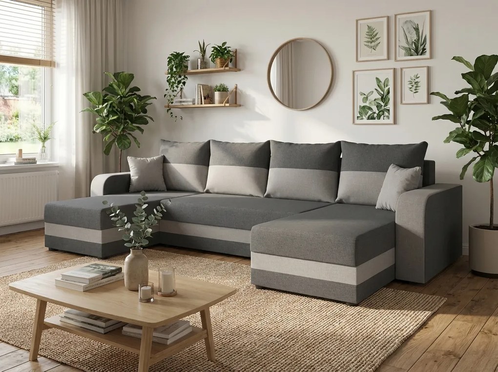 Rozkładana sofa narożna w kształcie U VALERIO 305x140 cm, ciemnoszara/jasnoszara