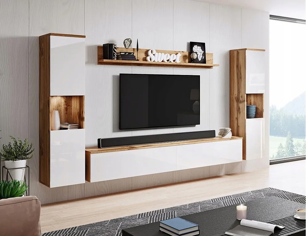 Nowoczesna meblościanka 4-elementowa do salonu z LED, 2 słupki, szafka RTV 180 cm i półka, korpus dąb wotan, fronty biały połysk