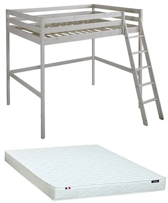 Łóżko antresola GEDEON - 140 × 190 cm - Lite drewno sosnowe - Bielone + materac