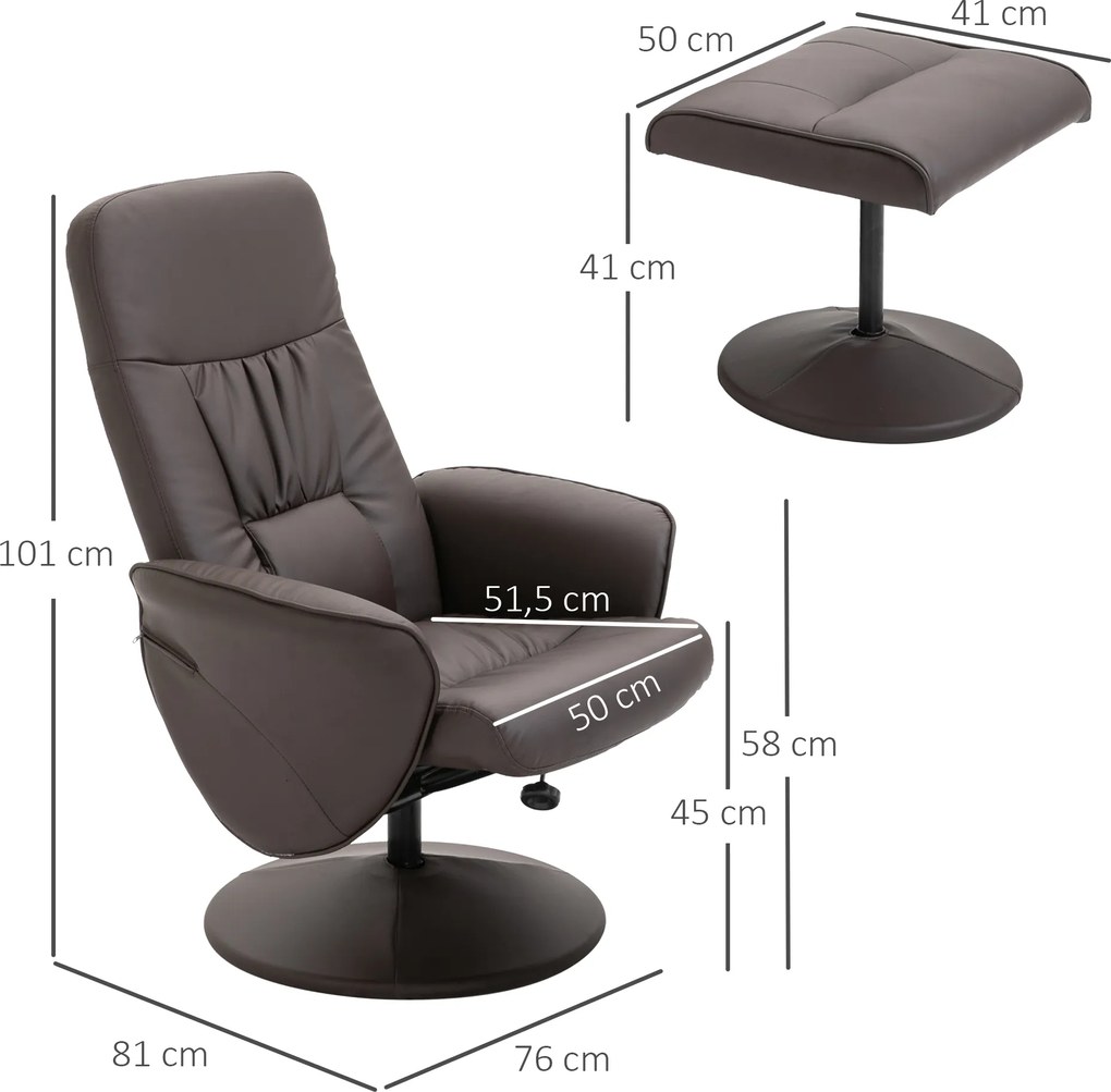 HOMCOM Zestaw foteli 2 częściowy, fotel z podnóżkiem, fotel relaksacyjny z podnóżkiem, regulowane wysokości, nachylane oparcie, brązowy