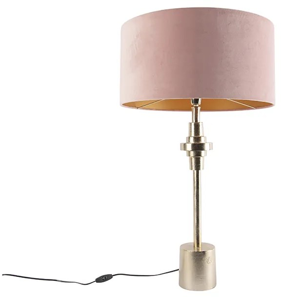 Lampa stołowa Art Deco złota z abażurem z aksamitu różowego 50 cm - Diverso