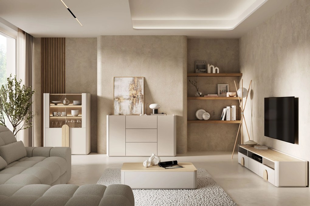 Witryna Amilio 100 cm dwudrzwiowa - kaszmir / dąb olejowany / uchwyty dąb jasny