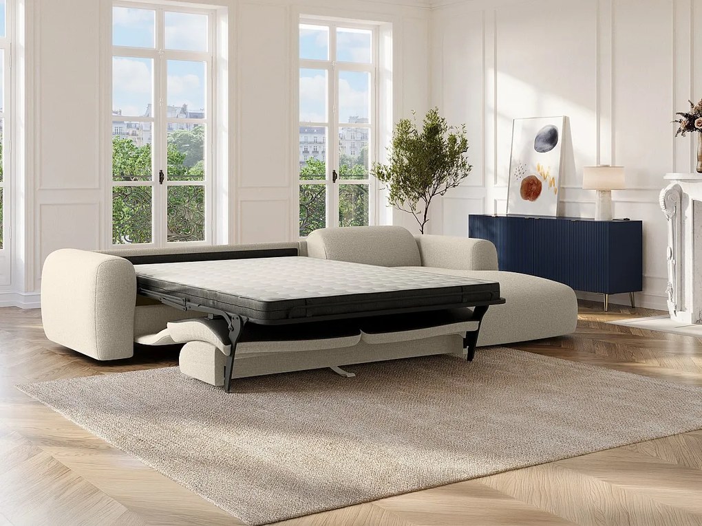 Kanapa narożna duża prawa z ekspresowym mechanizmem w tkanym beżowym melanżu POGNI