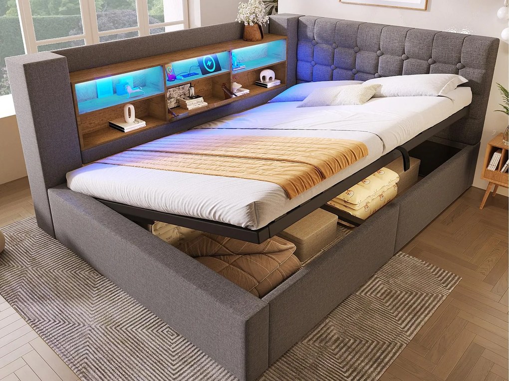 Rozkładana sofa z pojemnikiem 140x190cm - z LED i portem ładowania - z stelażem lamelowym - tkanina lniana - szary​ (materac nie jest wliczony w cenę)