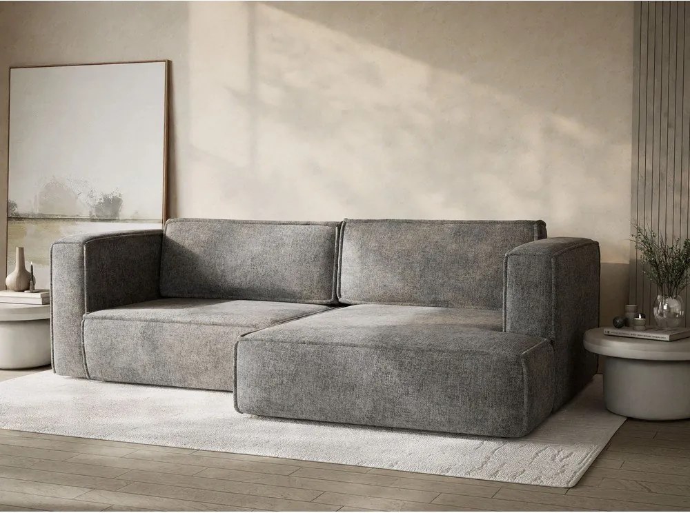 Szary rozkładany narożnik ze schowkiem z tkaniny szenilowej (prawostronny/z szezlongiem) Velto – Maison de Rêve