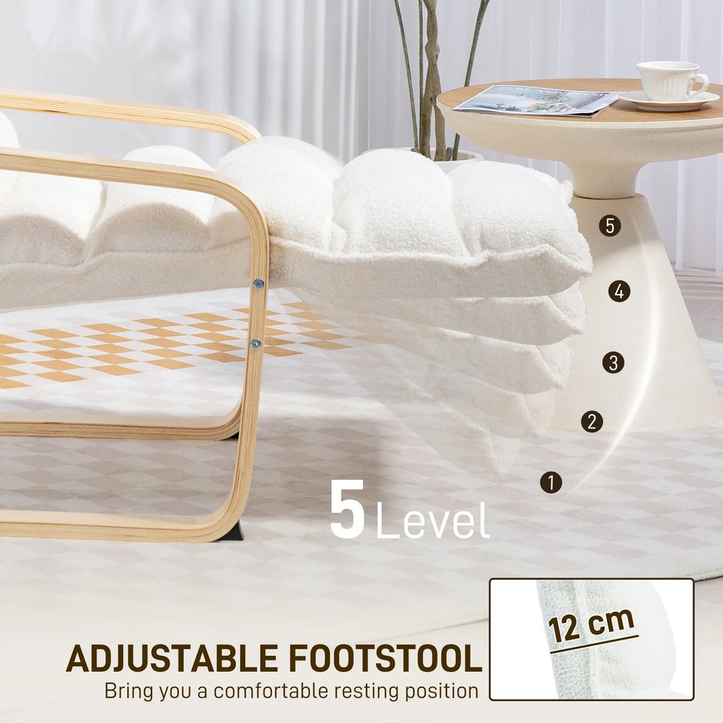HOMCOM Fotel Lounge z brzozy, tapicerowany, regulowany podnóżek, Biały