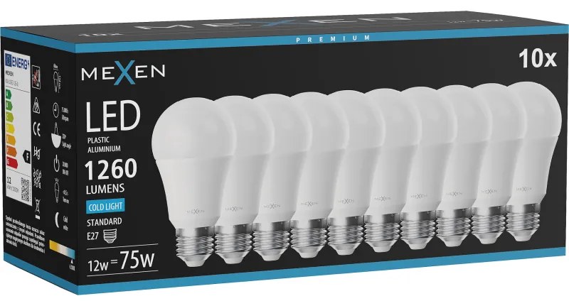 Mexen Nova 10x żarówka LED E27, A60, 12W, Zimna - 6500K, 1260 lm - L100-E27-1265-01x10