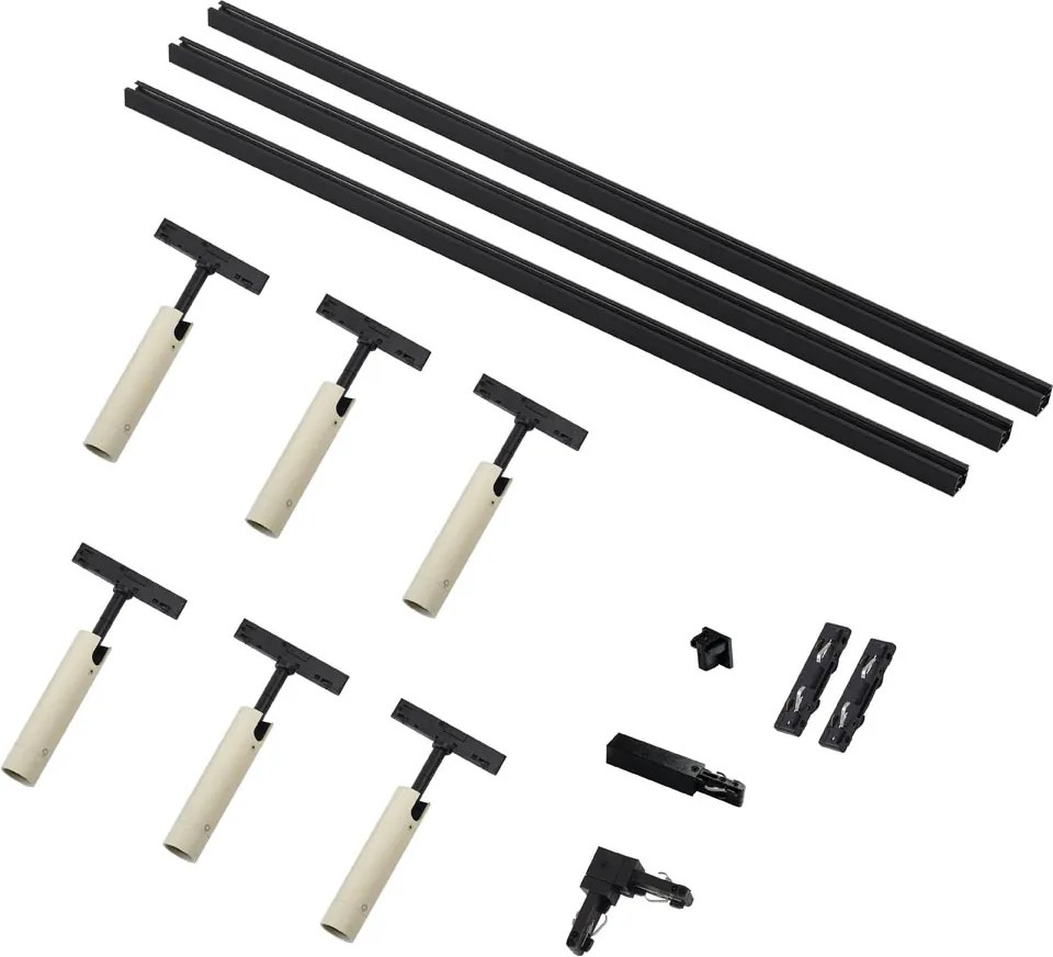 Nowoczesny system oświetlenia szynowego Slimline Uzzy z 6 reflektorami w kolorze beżowym i czarnym - 1-fazowy