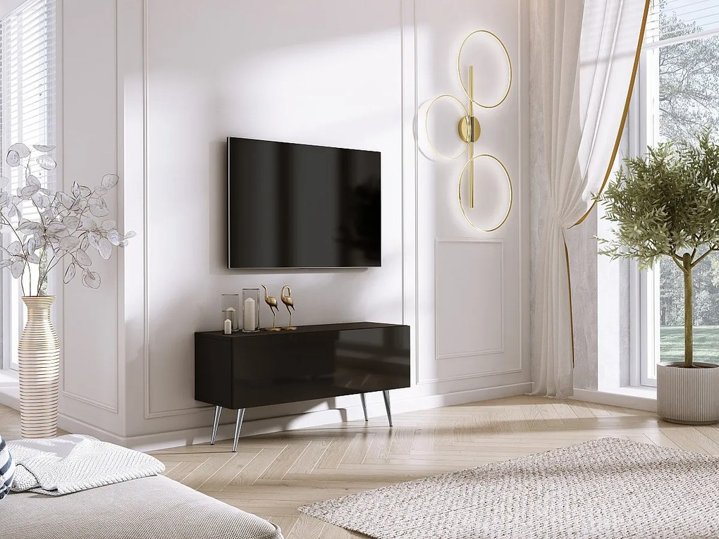 Szafka RTV: Czarny Matowy/Czarny Błyszczący, Nogi Chromowane, 100 x 52 x 32 cm