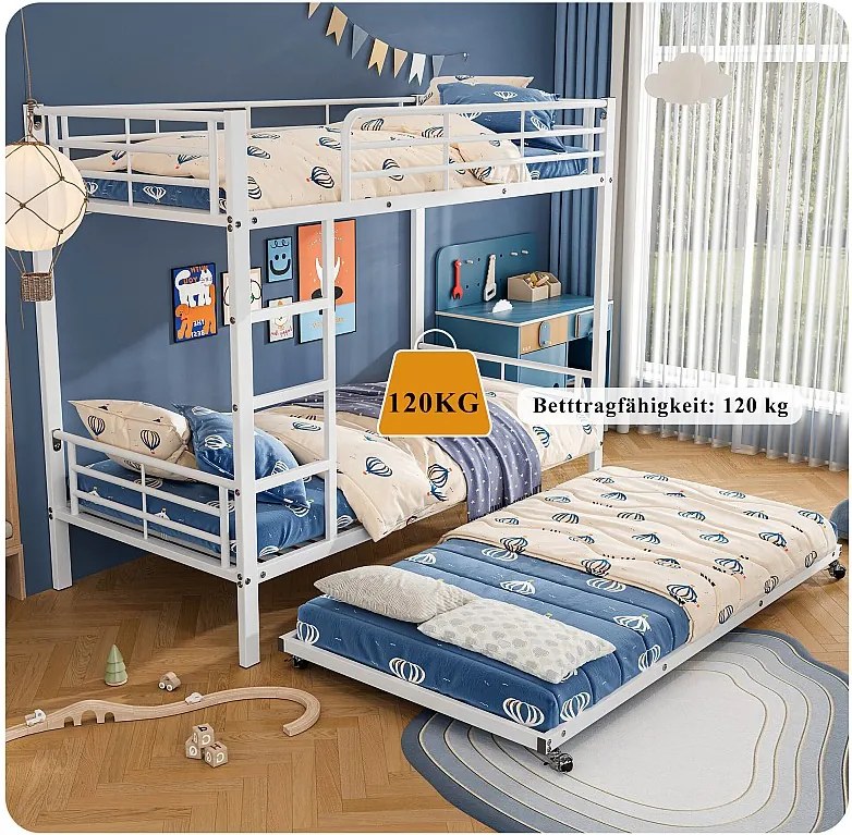 Łóżko piętrowe 90x200 cm i 90x190 cm - metalowe - białe - materac nie jest wliczony w cenę