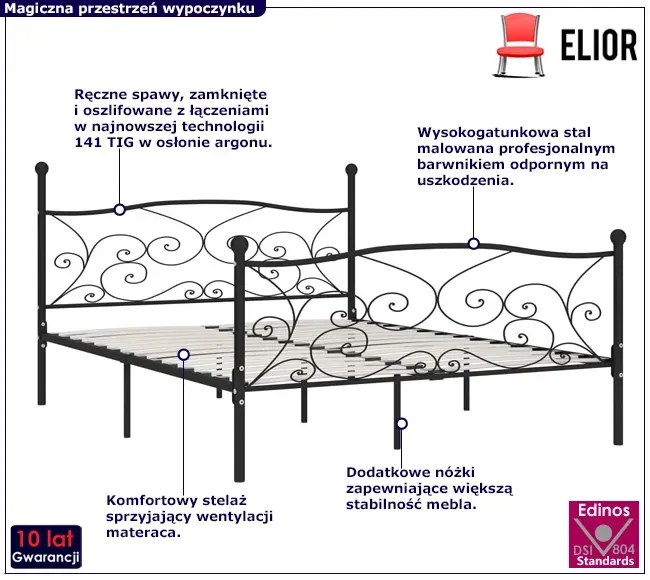 Czarne metalowe łóżko ze zdobieniami 200x200 cm - Donner