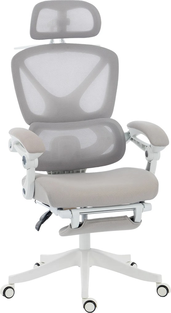 HOMCOM Fotel biurowy, ergonomiczne krzesło biurowe z podnóżkiem, funkcją kołysania, podłokietnikami, siatka, szary | Aosom PL