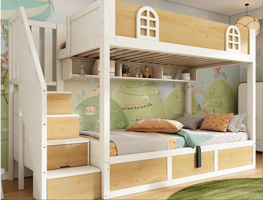 Łóżko piętrowe 90x200cm - Dolne łóżko z miejscem do przechowywania - drabina z pojemnikami - z barierką bezpieczeństwa - Biały + Naturalny